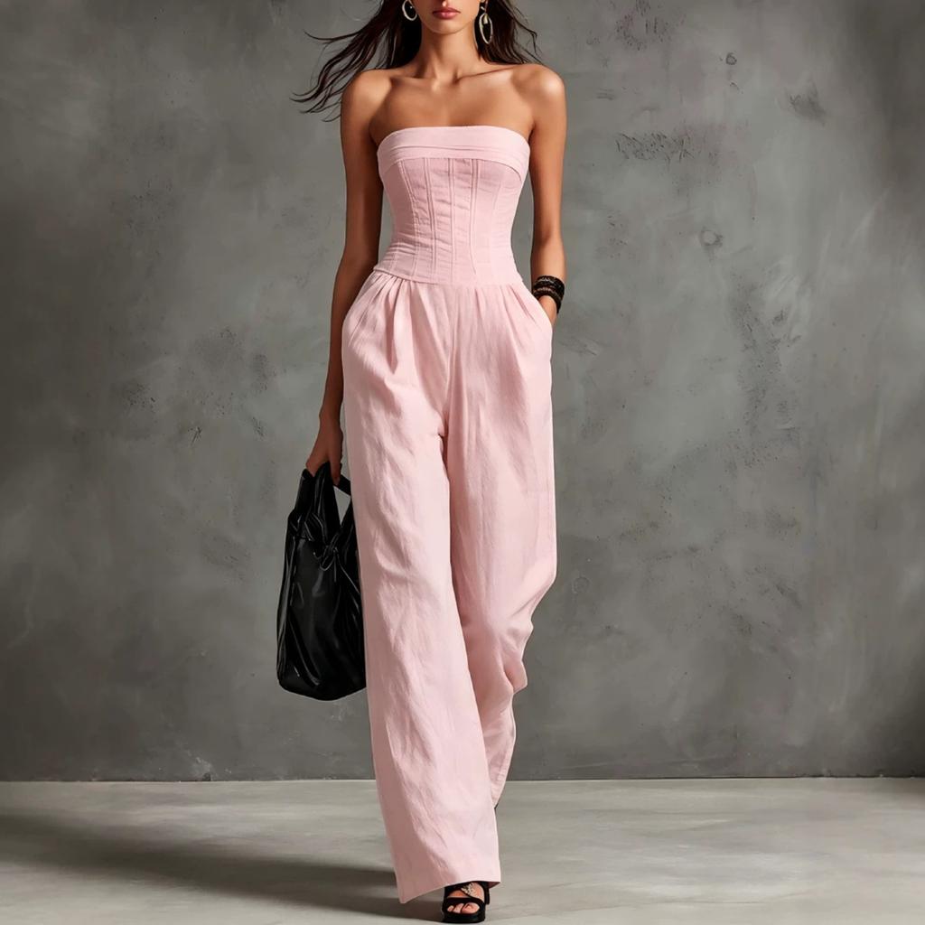 Women's Strapless Cotton Linen Jumpsuit Vintage Style Sleeveless Wide Leg Outfit for Casual or Formal Occasions