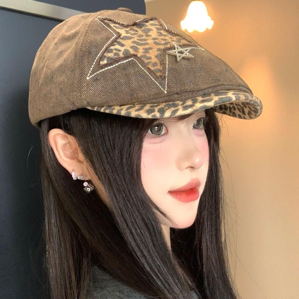 Leopard Denim Beret Hat Star Rivet Baseball Hat New Newsboy Cap  Y2K