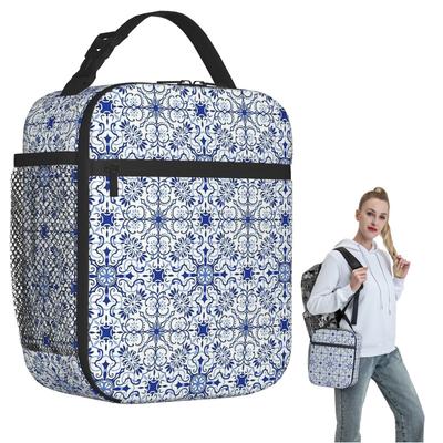 Blau-Weiß-Blumen-Isolierte Lunchtasche für Damen Kinder Auslaufsichere Lebensmittelboxen Thermische Lunchbox Tragetasche