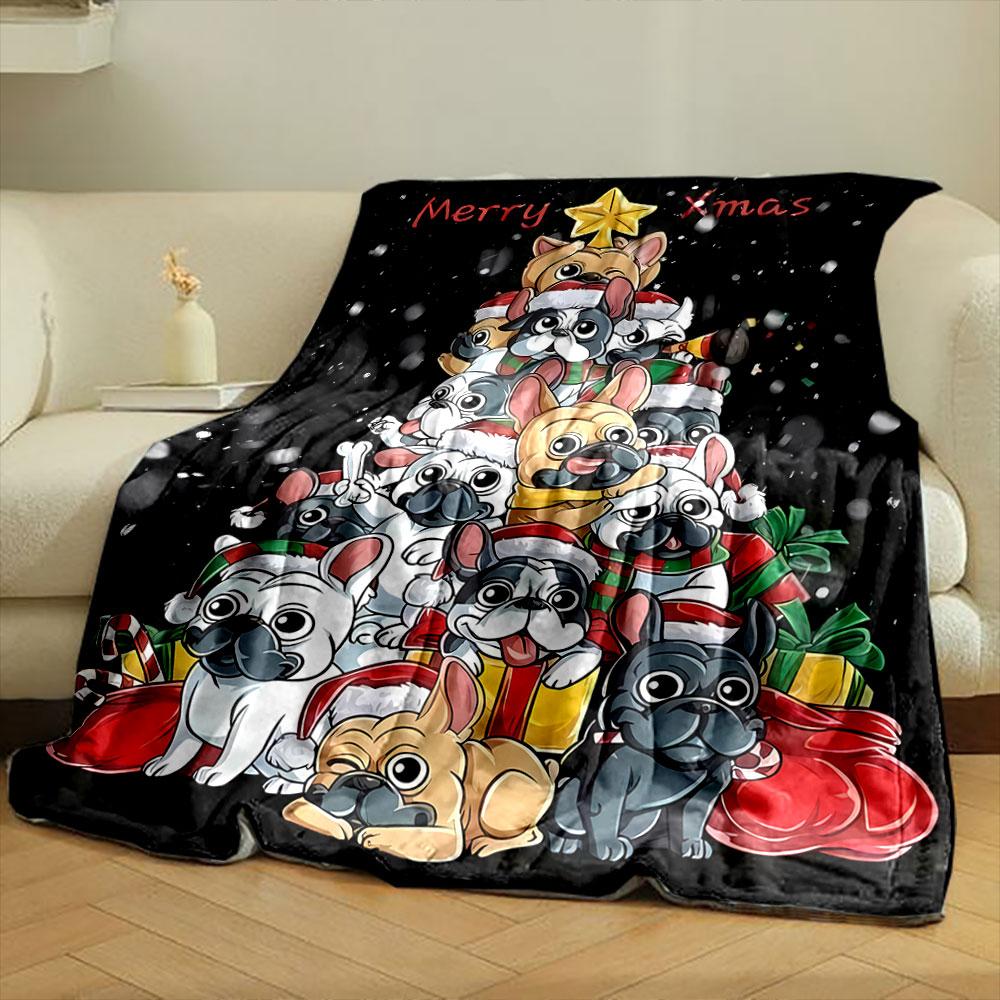 Merry Xmas French Bulldog Tree Pattern Blanket Bedroom Blanket for Livingroom Couch Lunch Break Soft Throw for Friend's Festival Gift
