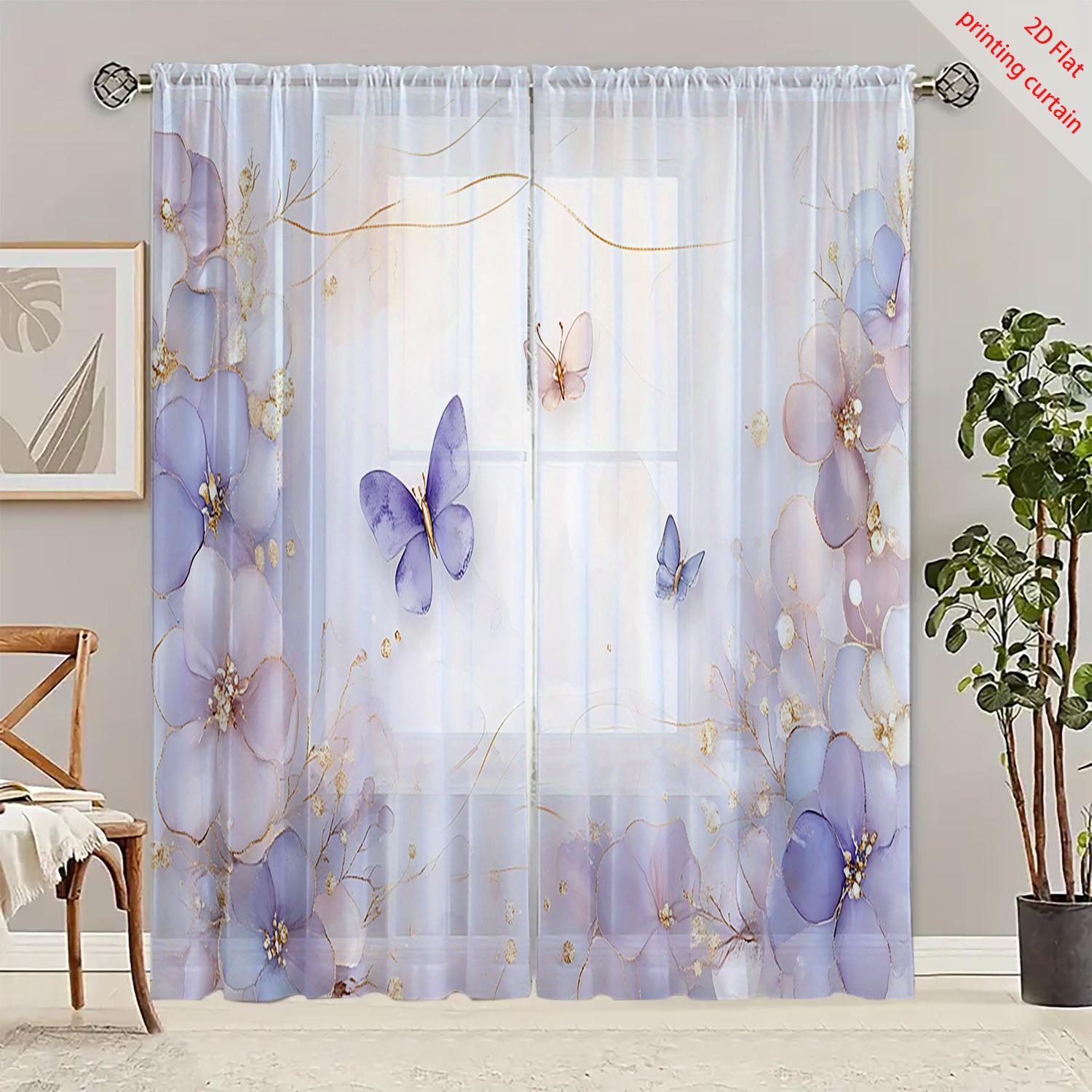

Set Of 2 Hd Digital Purple Butterfly Printed Window Screen Home Decor Style Decoration Living Room Screenin Curtain For Made Polyester W100*H70(CM)-Grommet top&2PCS