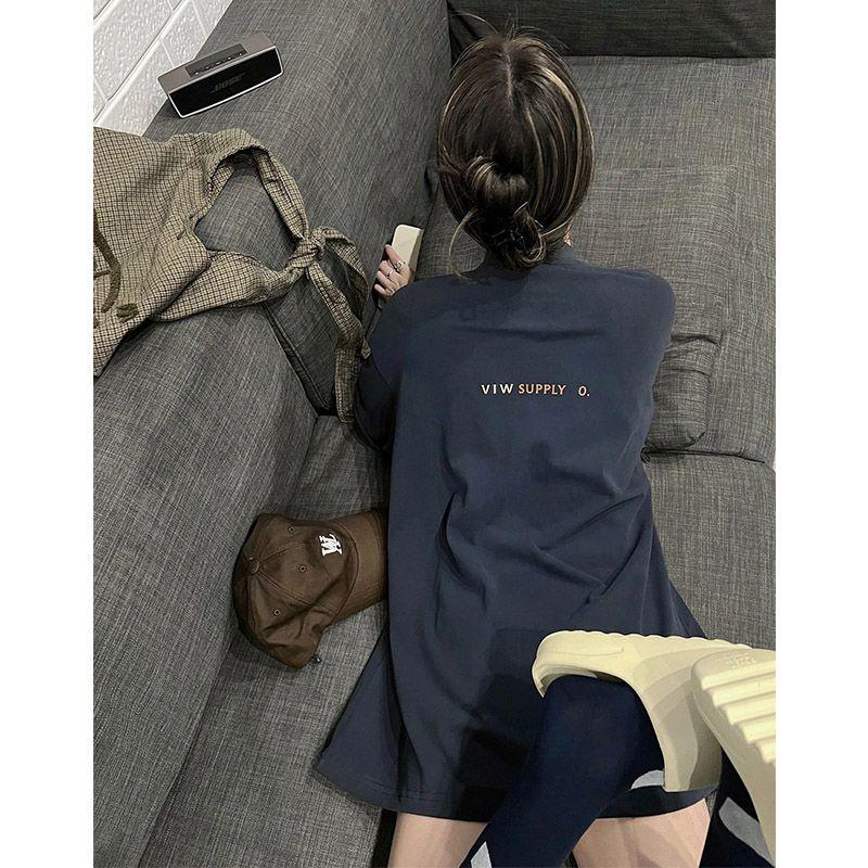 

Трендовые летние топы Ins Футболка длиной до бедра с коротким рукавом Navy blue 2XL