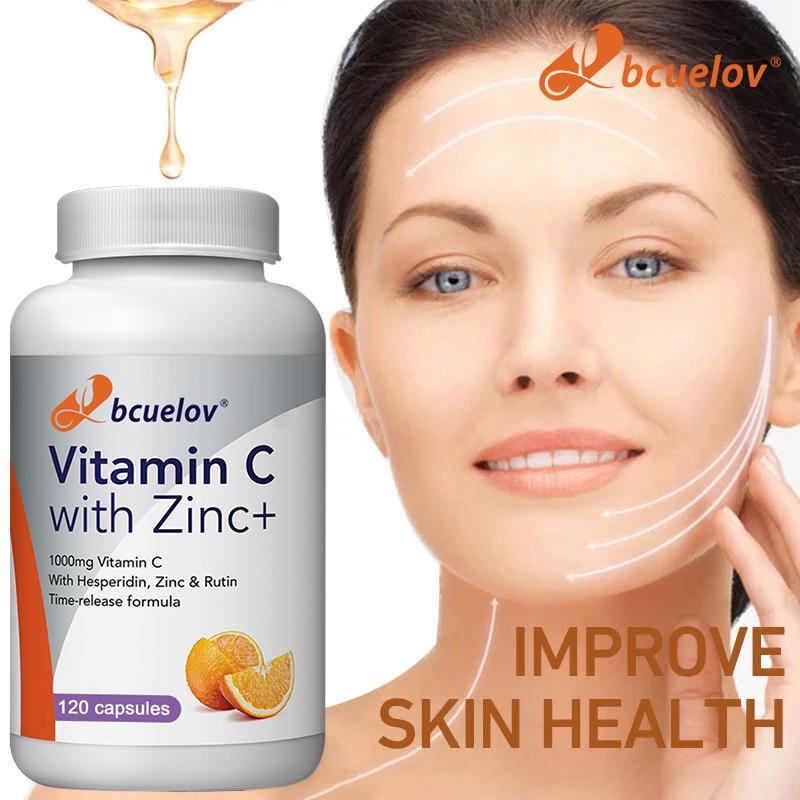 Bcuelov Vitamin C and Zinc Capsules contain 1000mg of Pioside to enhance immunity and brighten skin tone 120 capsules