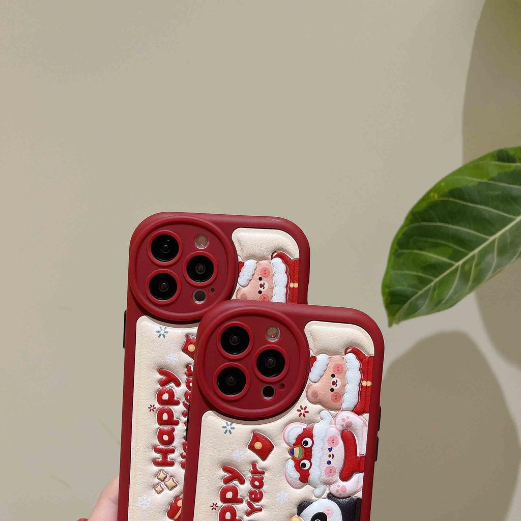 Happy New Year 2023 Leather Cartoon Animal Bear Rabbit Pig Panda Phone Case For Iphone 13 12 11 Promax 14 Pro Max Back Cover