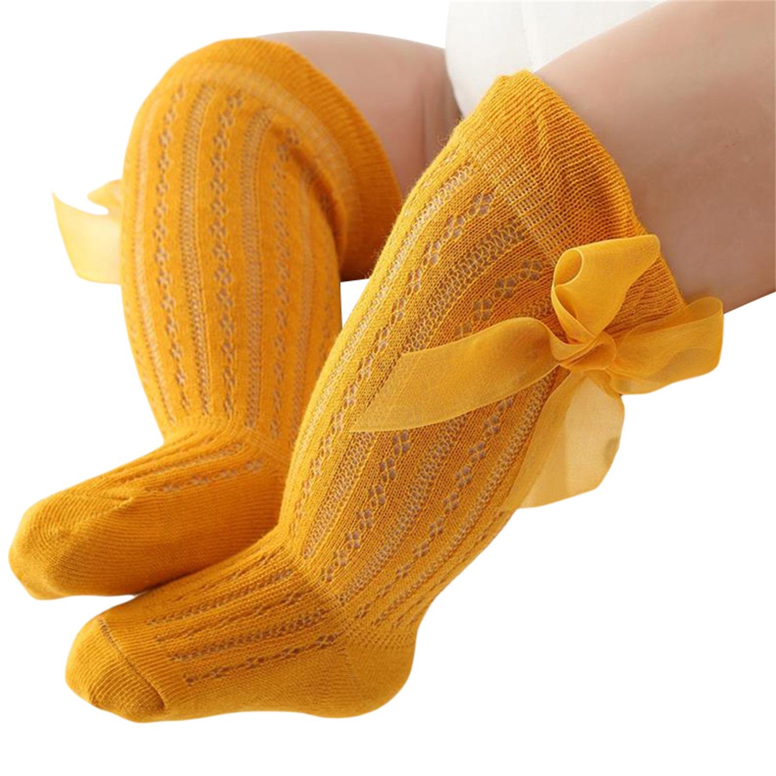 Lange kousen voor baby meisjes, prinsessenmodel, effen kleur, schattige strik, ademend, losse opening, over-de-knie sokken, maat 0-24 maanden S 0-12 Months geel