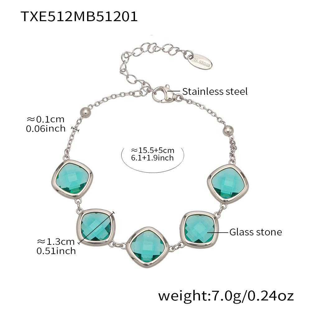 Stylish European & American Stainless Steel Jewelry Set with Square Faceted Glass Stones: Includes Bracelet, Necklace, and Earrings