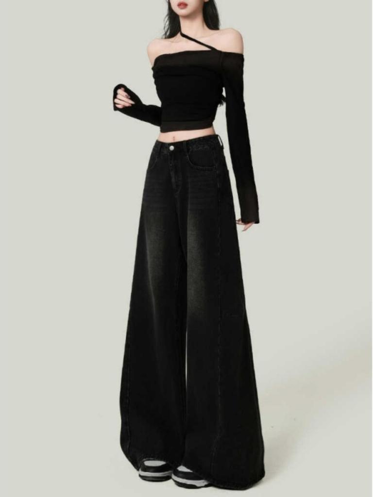 Women's Retro High-Waisted Wide-Leg Gray Jeans - 2025 Spring/Autumn Collection