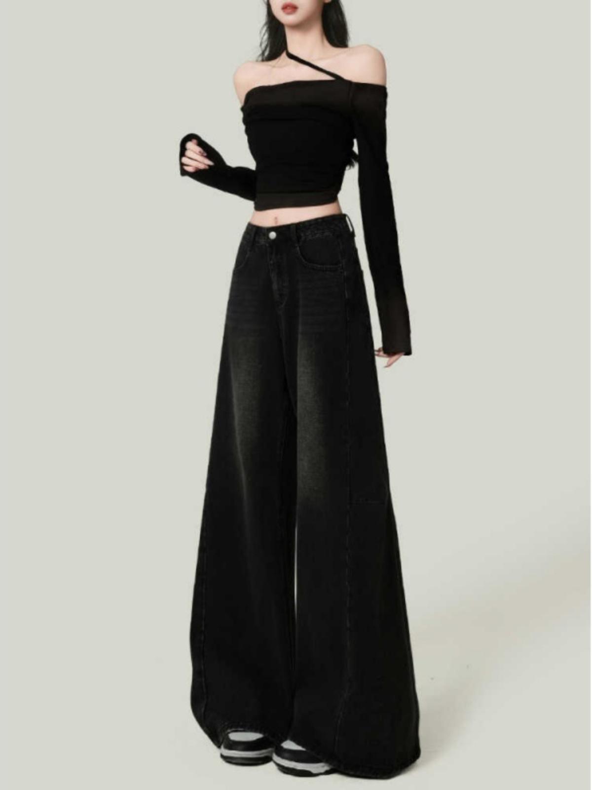 

Женские ретро серые джинсы с высокой посадкой и широкими штанинами - Коллекция весна/осень 2025 L