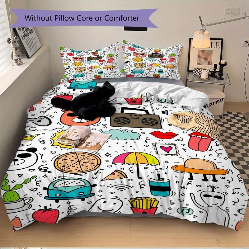 3pcs Doodle Pattern Bedding Set, Breathable and Soft, Suitable for All Seasons, Ideal for Home Use, Suitable for Bedroom Decor 21165