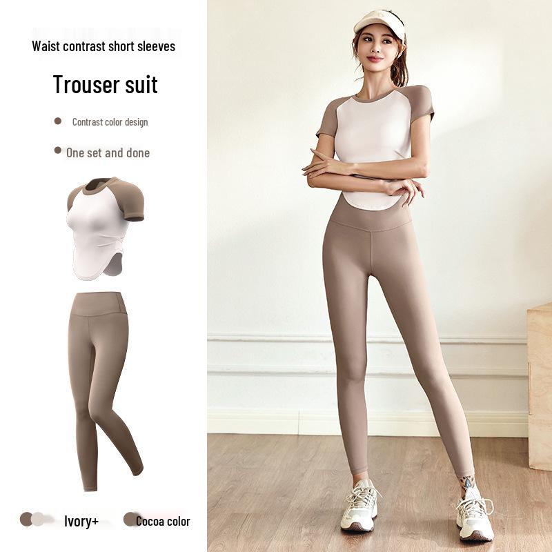 Damen Nude Feel Yoga Set: Schnelltrocknendes Kurzarm-Top & Lange Hose für Outdoor-Fitness