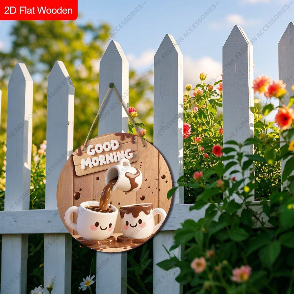 2D Plane Hanging Decorative Signs, Interior Wall or Door Decoration, Garden Decoration, ”GOOD MORNING" Logo, Coffee Pattern