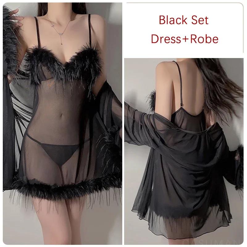 

Романтическая пижама женская сексуальная сетчатая перьевая прозрачная удобная женская ночная рубашка на подтяжках M