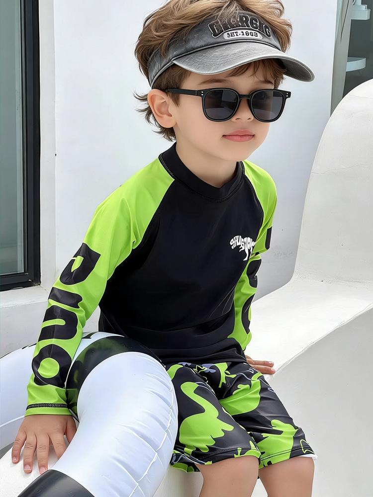 2026 Boys' Two-Piece Dinosaur Swimsuit Set – Long Sleeve, Sun-Protective, Breathable, Quick-Dry