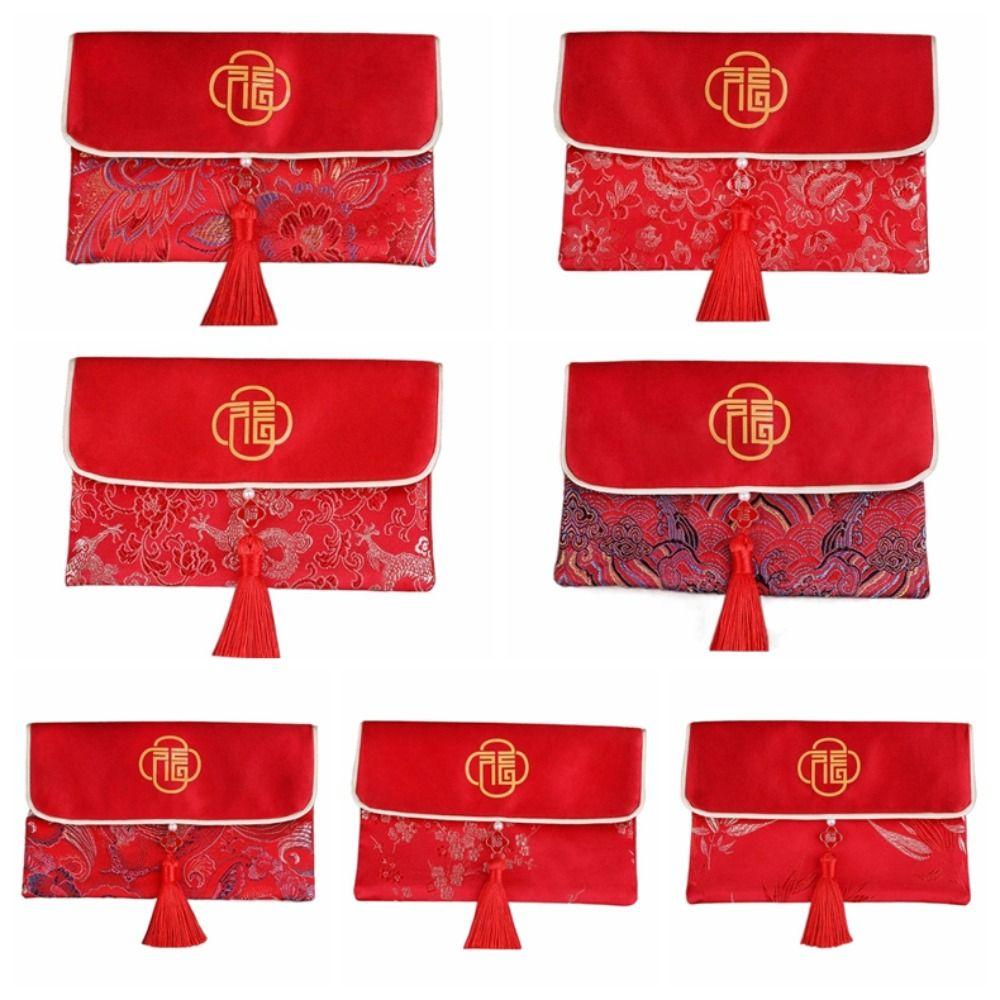 Embroidery Hongbao Blessing Words New Year Red Pockets Large Capacity Brocade Red Envelop  Wedding