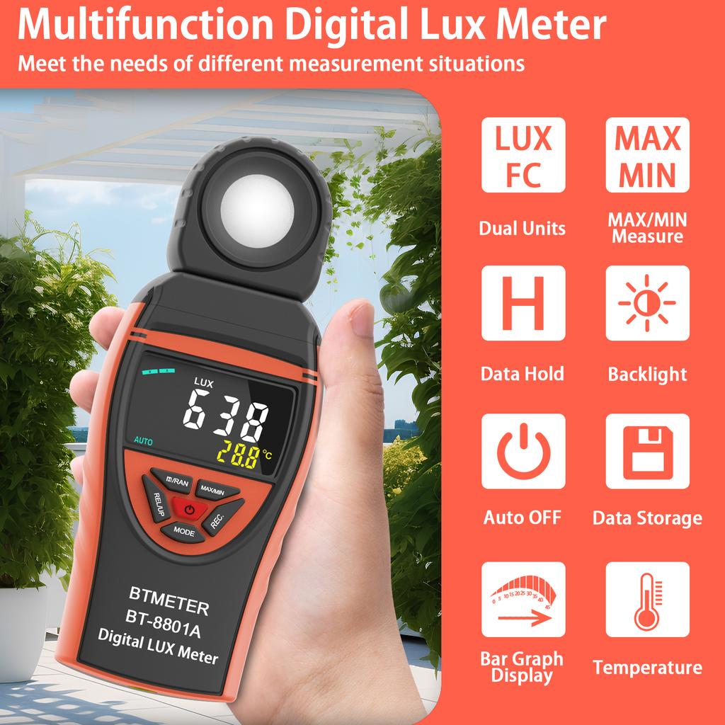 Portable Light Intensity Tester, Measurement Range 1-400,000 Lux, BT-8801A Digital Luxmeter, Environmental Light Photometer