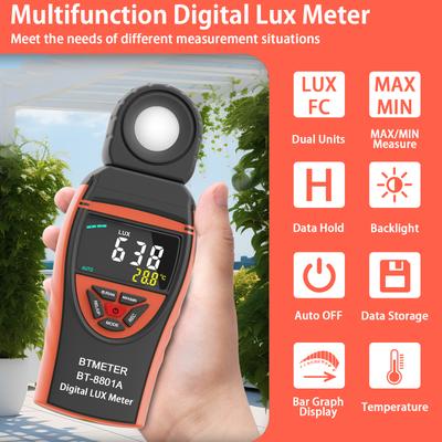 Přenosný tester intenzity světla, Rozsah měření 1-400 000 Lux, Digitální luxmetr BT-8801A, Fotometr okolního světla