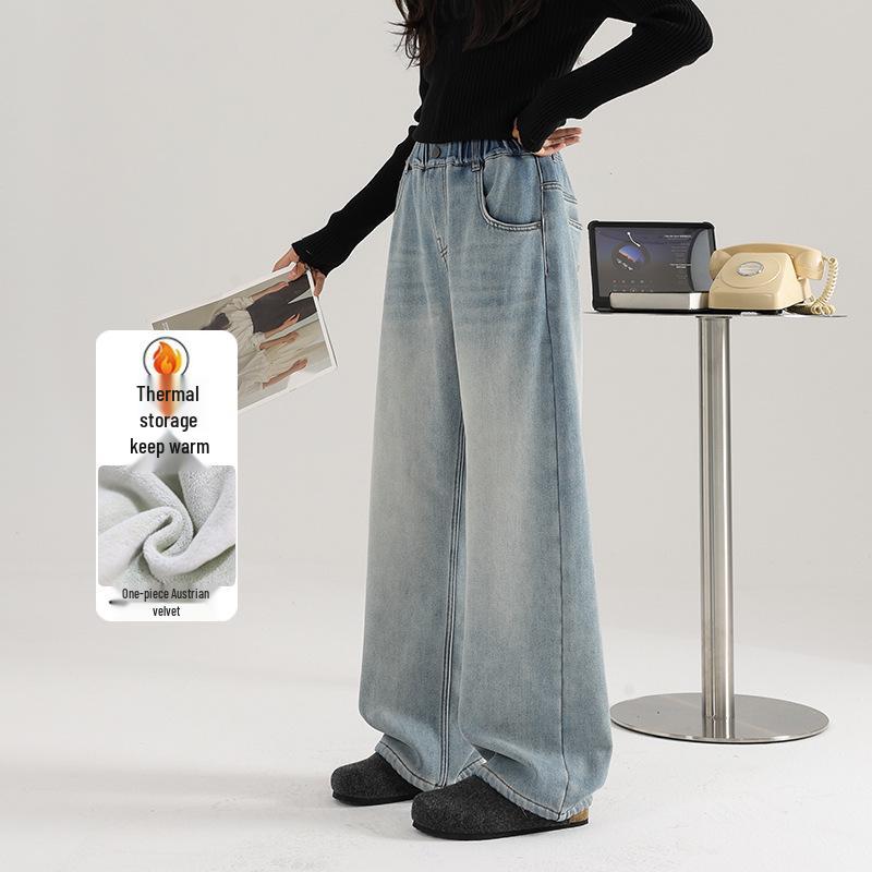 

2025 New Fleece-Lined Girls Straight-Leg Jeans - Winter Casual Long Pants for Middle School 175 cm