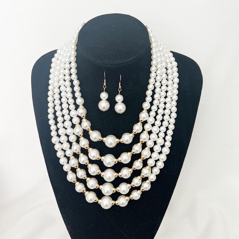 Elegant Multilayer Simulated Pearls Necklace And Earrings Set For Women Long Necklace  Jewelry