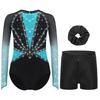 Mädchen Turnanzug Netz Langarm Leotard Strass-Dekor Shorts Stirnband Set