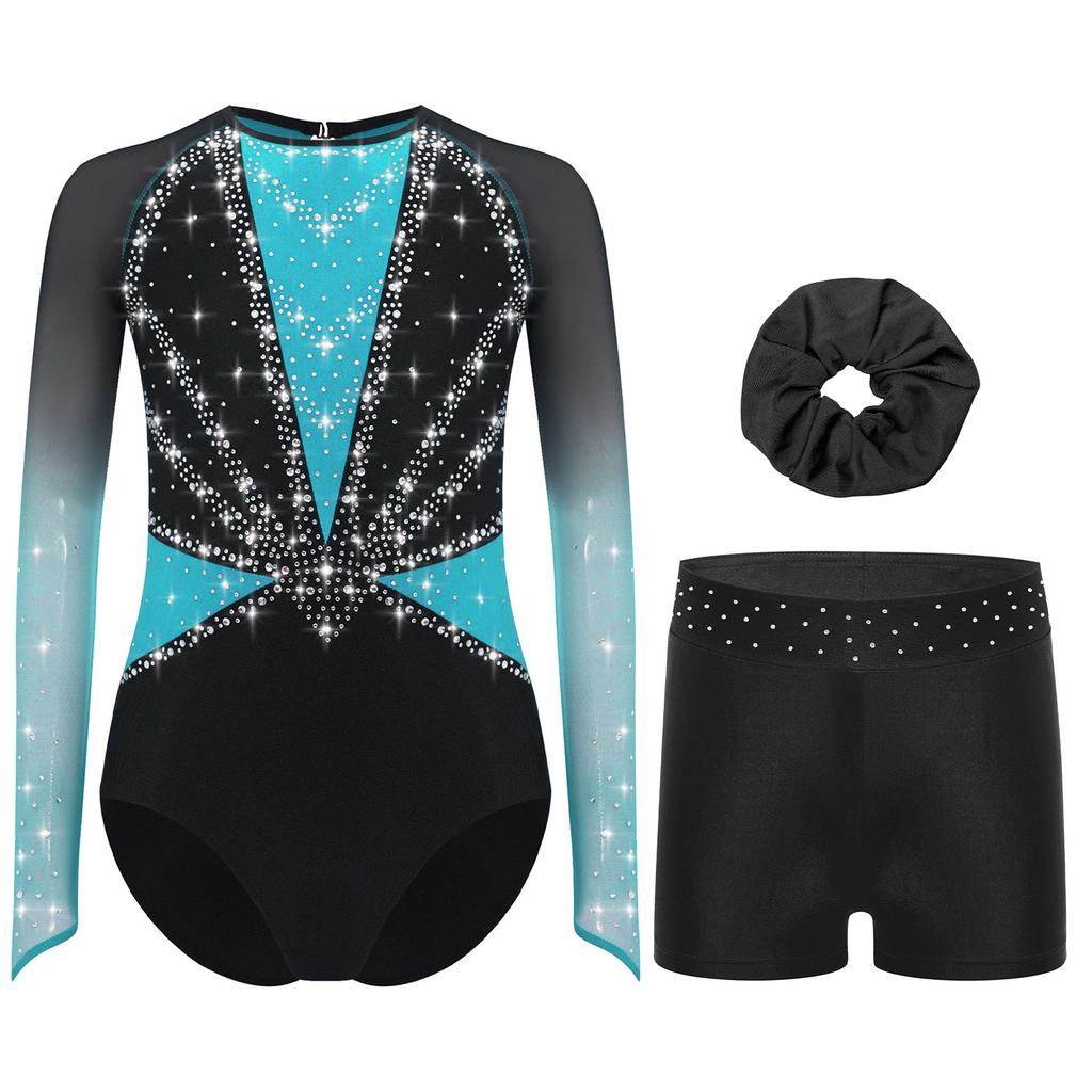 Mädchen Turnanzug Netz Langarm Leotard Strass-Dekor Shorts Stirnband Set