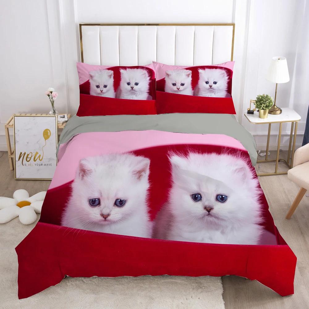 Cat Duvet Cover Set Lovely Animal Kitten Printed Quilt Cover Kids Teens Girl Animal Double Queen King Size Polyester Bedding Set