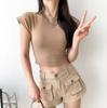 Summer New Women's American Spice Girls Style Solid Color High Waist Short-sleeved T-shirt Crew Neck Shoulder Top Short Bottoming Shirt