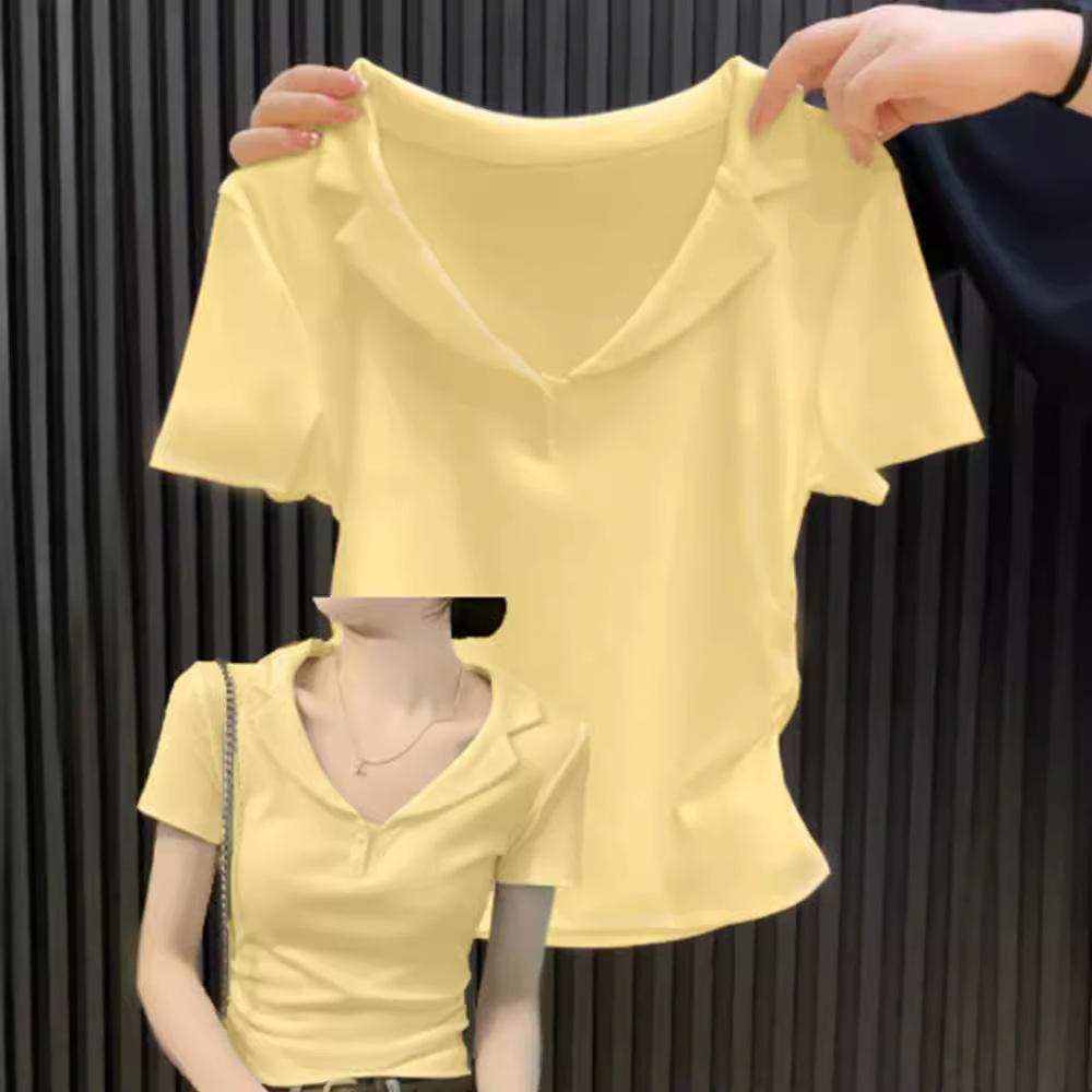 Women's Summer Niche Waisted Positive Shoulder Slim Thin Lapel Revealing Short-sleeved T-shirt