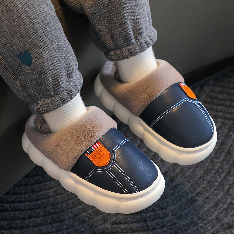 Children's cotton slippers PU leather waterproof soft bottom non-slip piled thickened parent-child adult couple home winter warm