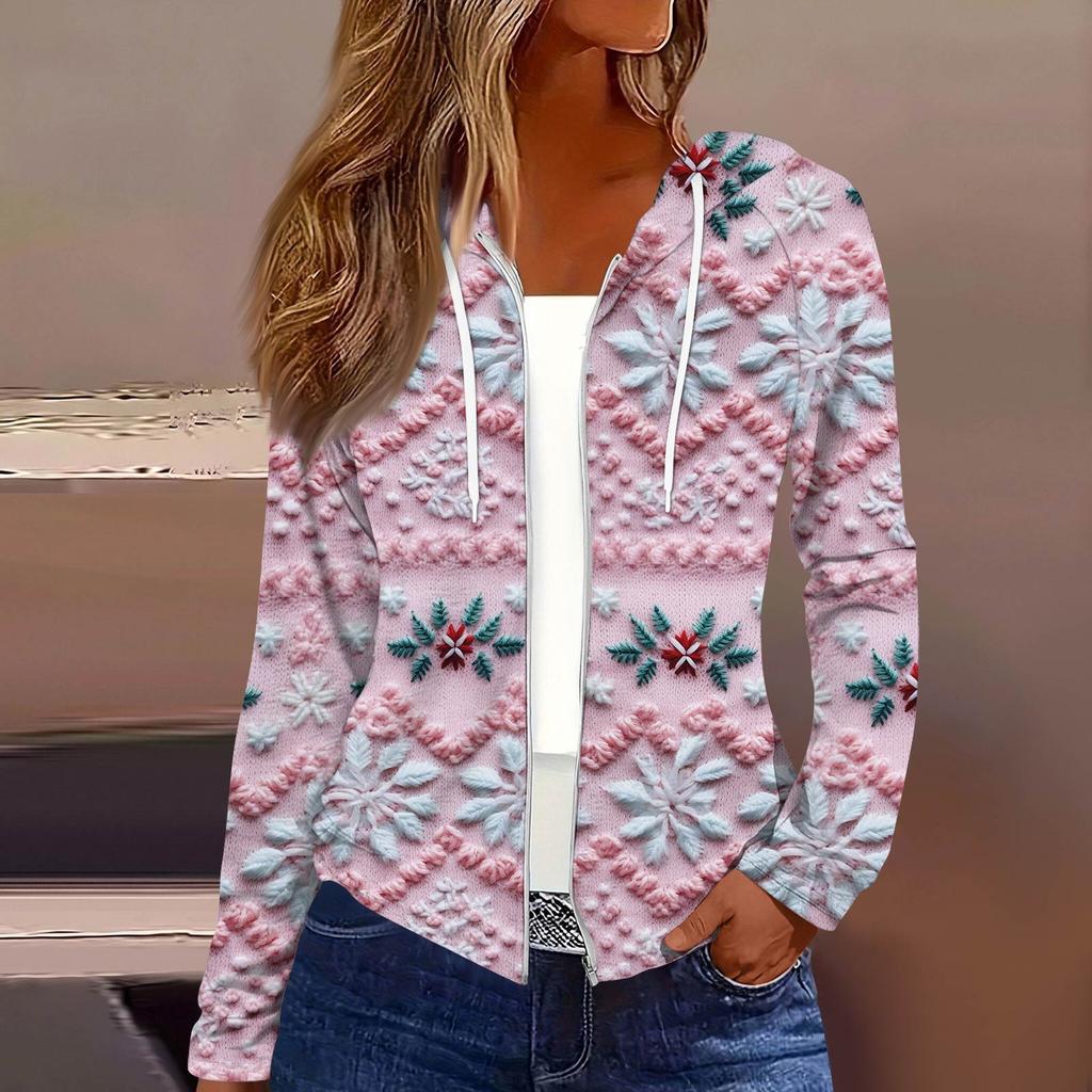 Women's Fashion Christmas Print Casual Zip-Up Long-Sleeved Hooded Jacket