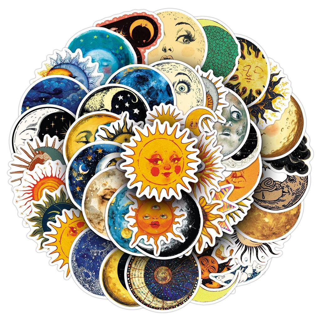 50 Retro Fantasy Sun Moon Stars Stickers: Cartoon Graffiti for Skateboards, Refrigerators, Journals.