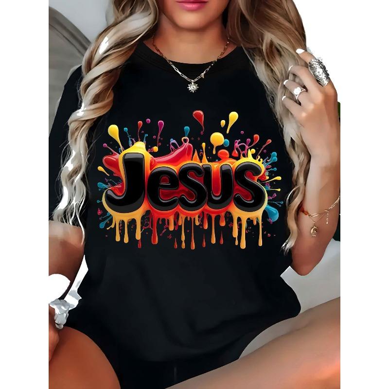 

Womens Faith-Inspired Splash Painting T Shirt Christian Bold Graphic Crew Neck Abstract Geometric Art Nontransparent Fabric Machine Washable 4XL чорний