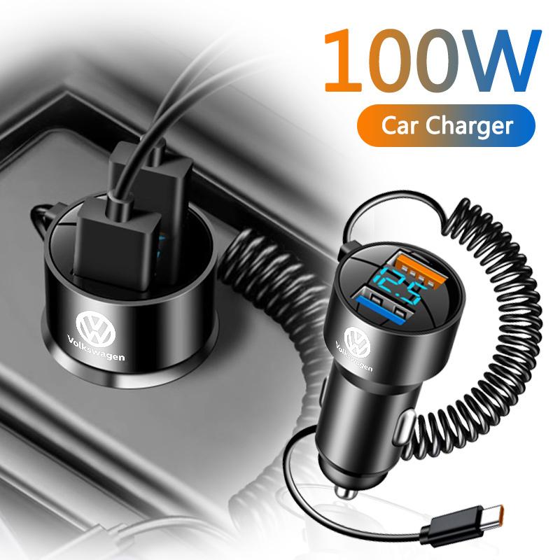 100W Car Charger With Type C Cable USB 12V Super Fast Charging Vehicle Adapter 2 In 1 For Volkswagen VW Polo Tiguan Passat Jetta PT1