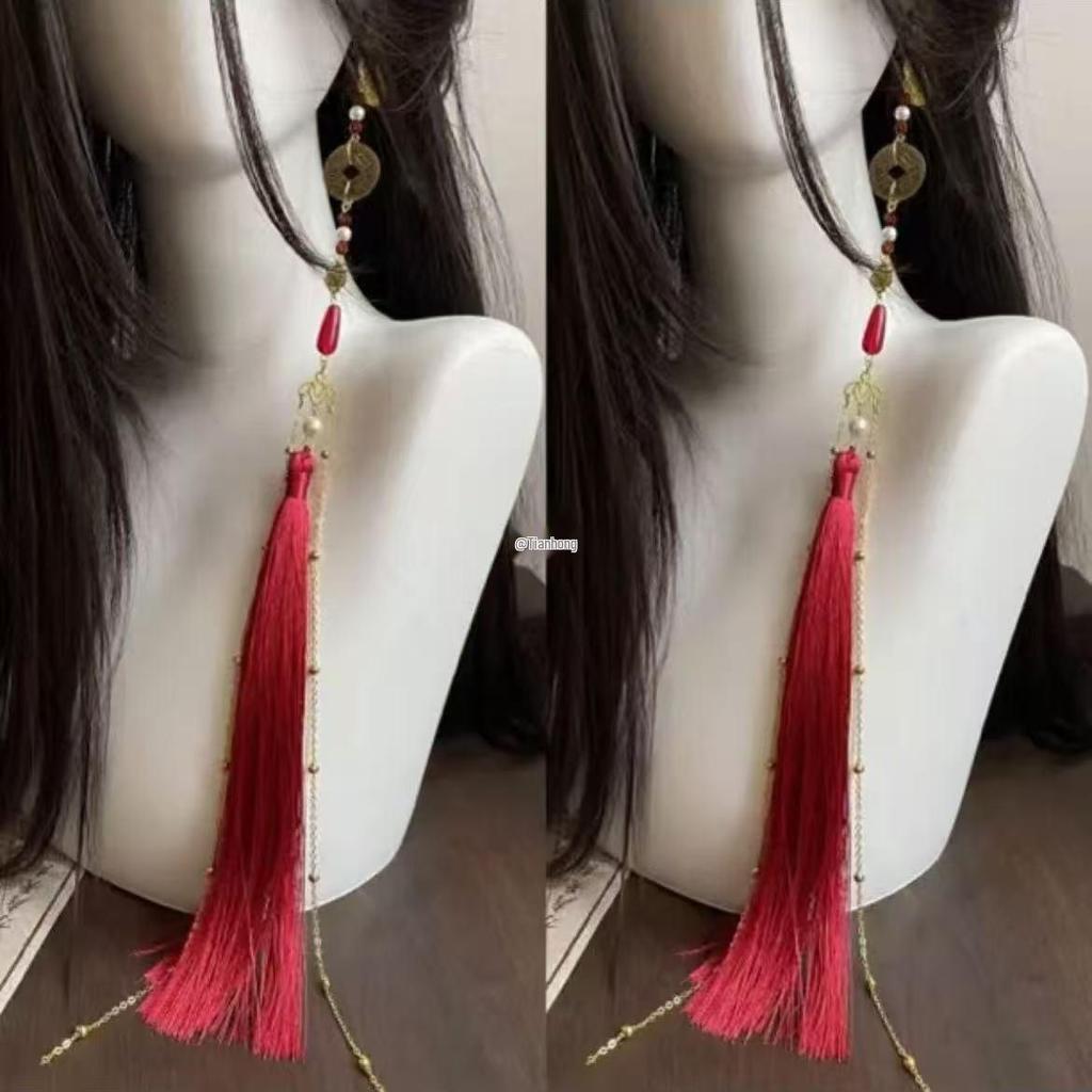 Mountain Ghost Flower Copper Coin Earrings with Tassels - Unisex Hanfu Style Ear Cuffs