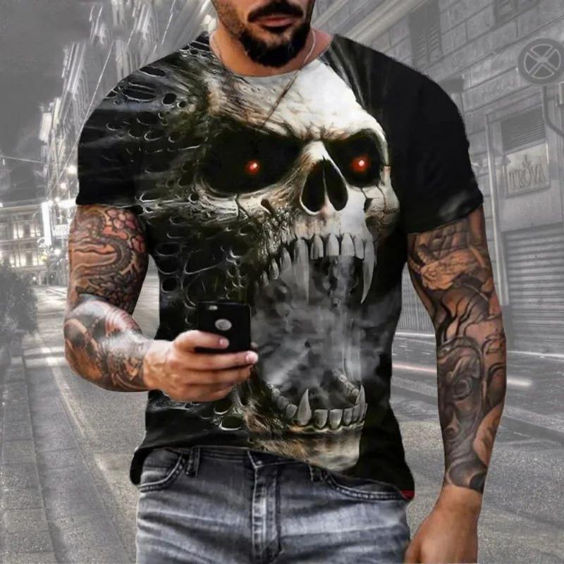 Horror Death Summer Men's Breathable Round Neck T-shirt Skull Print Halloween Street Hip Hop Casual Outdoor Top