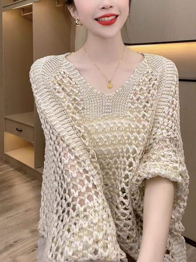 Summer New Hollow V-Neck Sunscreen Knit Shirt Women's Loose Casual Teen Thin Set Top
