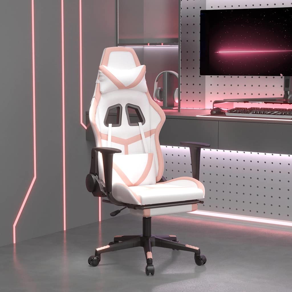 Vidaxl Masujący Fotel Gamingowy Z Podnóżkiem, Biało-Różowy, Ekoskóra