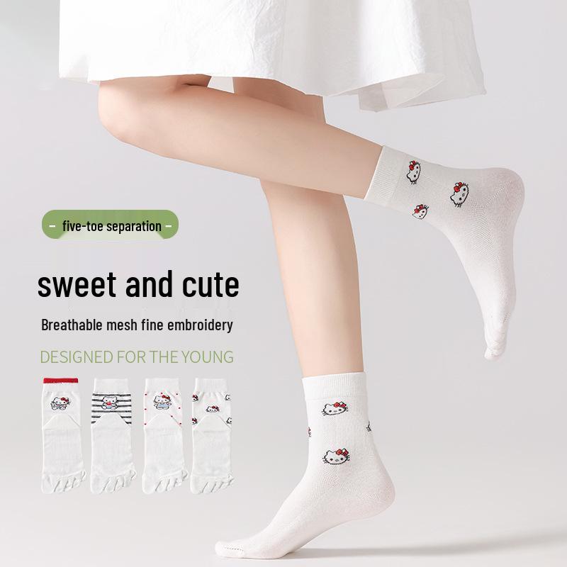 2026 Spring Women s Cute Cartoon White Cotton Mid-Calf Five-Toe Socks Color 3 (Polka Dots)