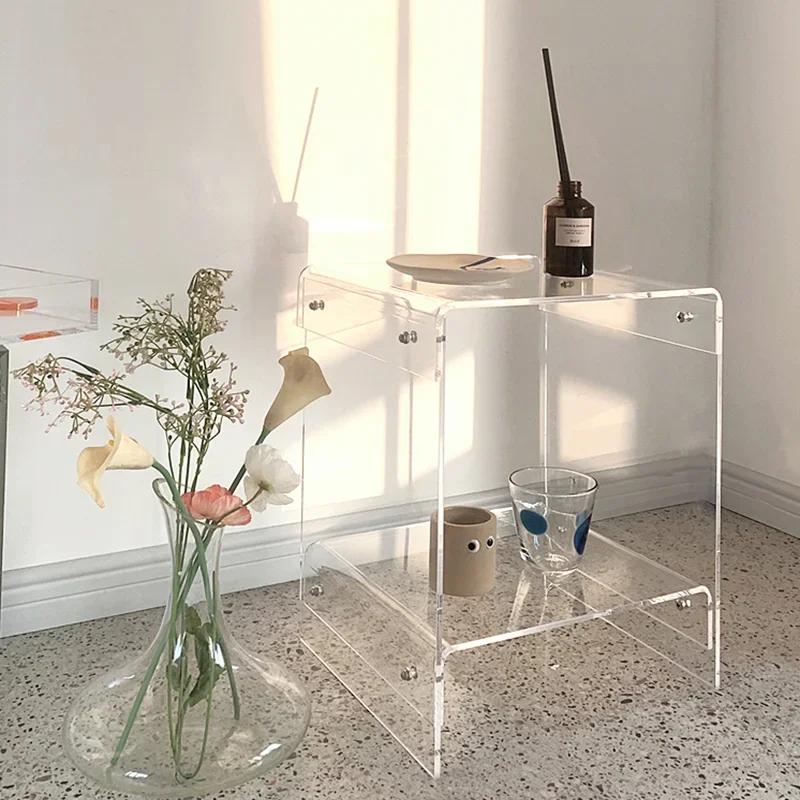 Nordic Coffee Tables Living Room Furniture Sofa Side Table Acrylic Double-deck Storage Tea Tables Transparent Bedside Table