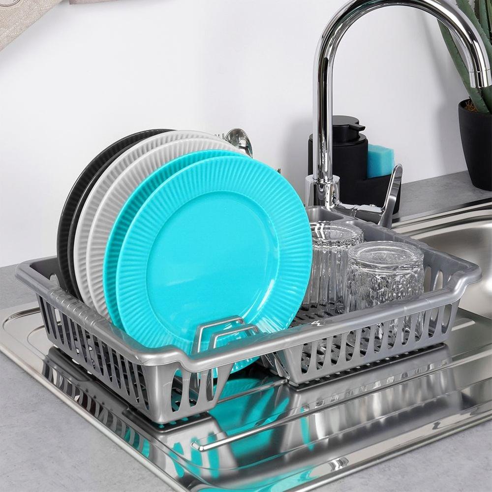 Gray Dish Drying Rack with Drip Tray 40x29cm