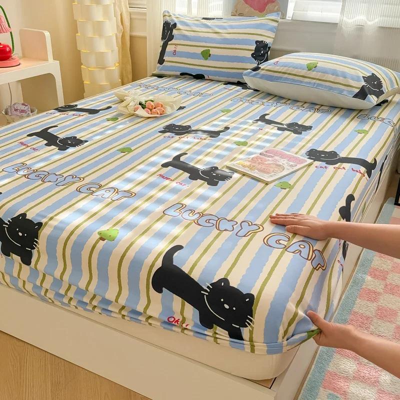 1 Pc 100%Cotton Bed Sheet Cartoon Fish Printed Fitted Sheet with Elastic Band Single/Queen/King Pure Cotton Bed Botton Sheets