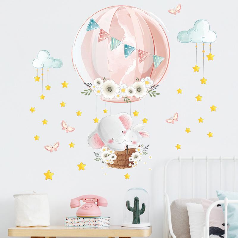 Cartoon Elephant Bunny Hot Air Balloon Wall Stickers, Removable Nursery Kids Room Entrance Wall Decor