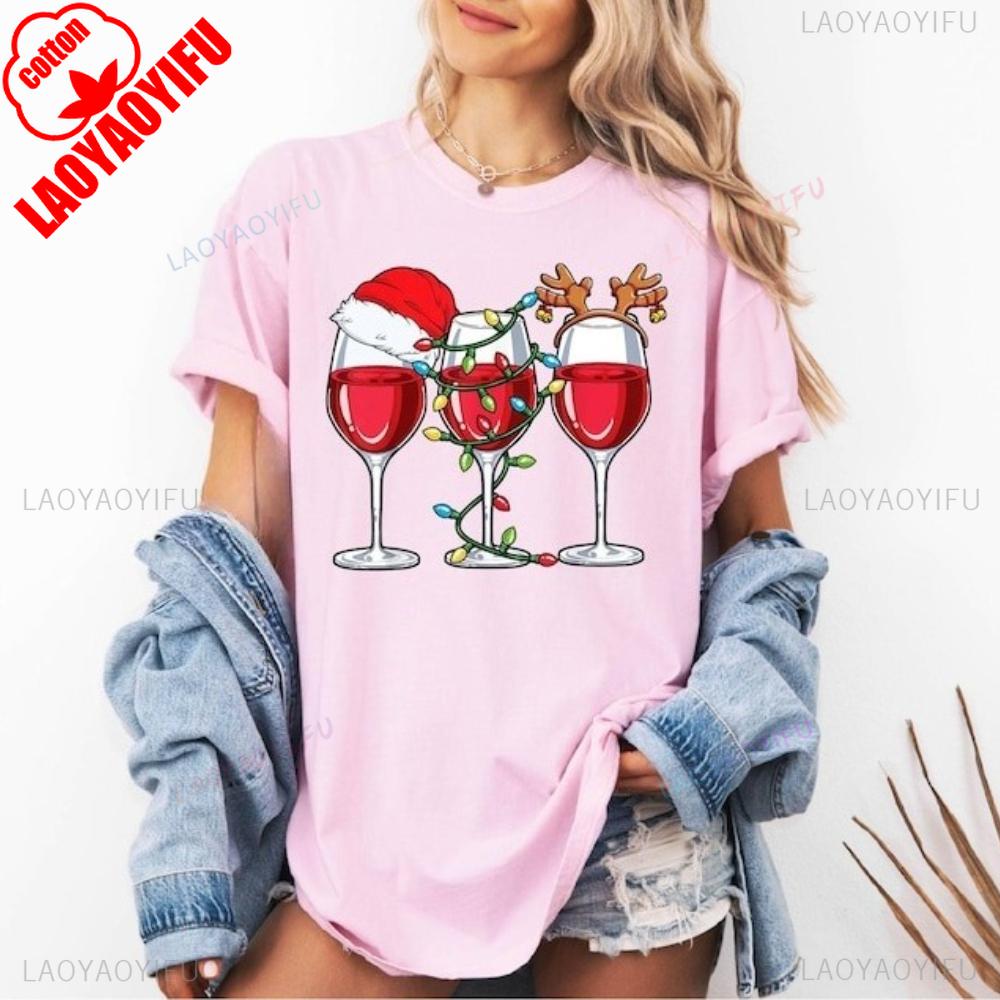 Christmas Party Shirt Women Wine Glasses TShirt Wine Lover Christmas Gift Tee Simple Casual Festival Clothing Cotton Tee Tops