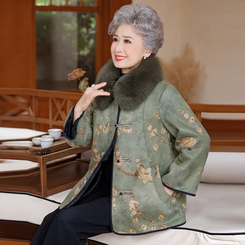 

Chinese National Style Fur-Collared Winter Jacket for Middle-Aged and Elderly Women 2XL [Recommended 120-135 Jin]