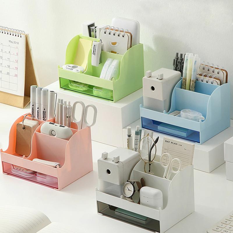 Desktop Storage Box Pen Holder Stationery Cosmetics Lipstick Organizer With Drawer Roomy Debris Storage Office Home
