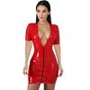 2025 Colorful PU Leather Deep V-Neck Short Dress with Zipper