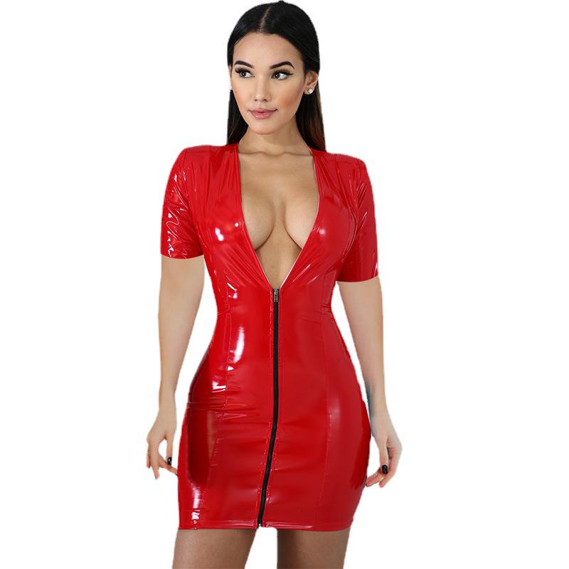 2025 Colorful PU Leather Deep V-Neck Short Dress with Zipper