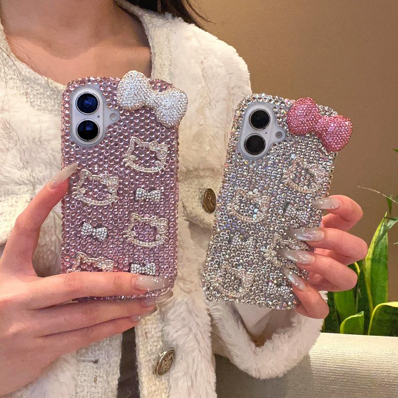 Super Fairy Flash Diamond Three-dimensional Cat Bow for iPhone16promax Apple 15 Mobile Phone Case Girl
