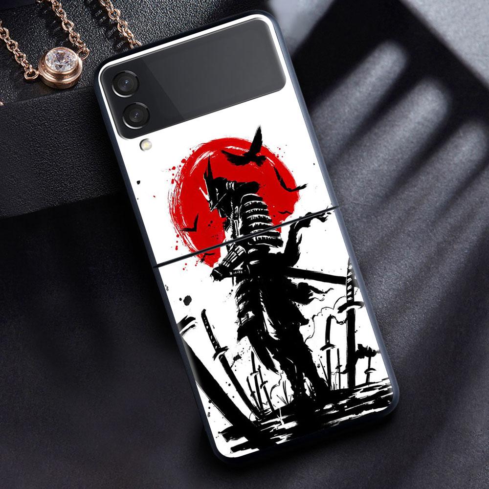 Case For Samsung Galaxy Z Flip 3 4 5G Black Hard PC Phone Housing Z Flip4 Segmented Cover Landscape Ink Painting Japan Samurai