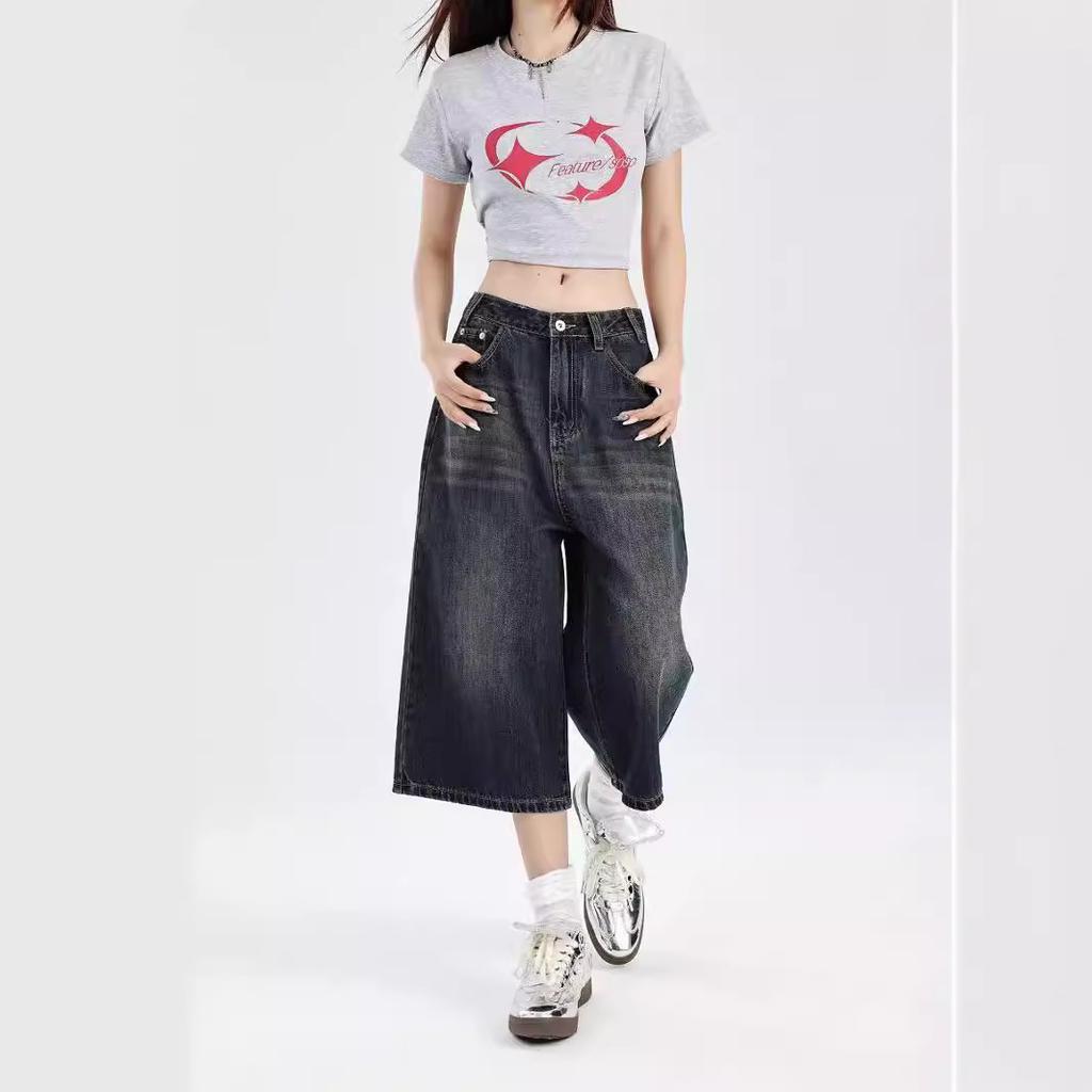 American loose wide-leg summer new retro old and thin seven-point jeans women's straight casual pants
