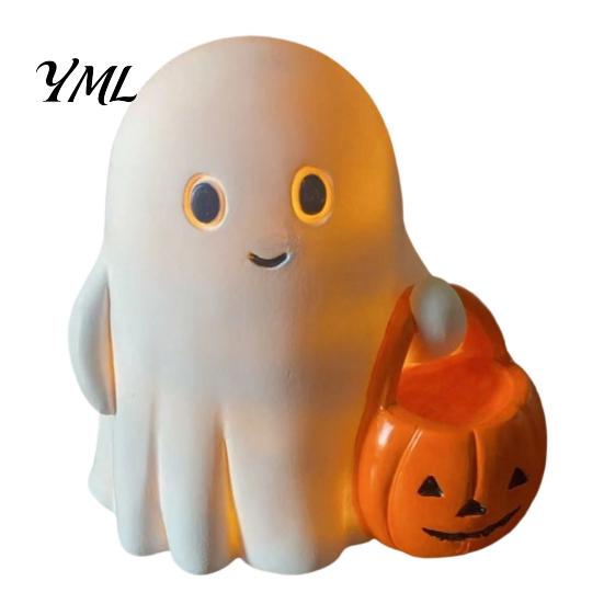 Glowing Desk Ornament Halloween Holding Pumpkin Ghost Figurine, Spooky Statue with Holiday Night Light, Resin for Tabletop Centerpiece